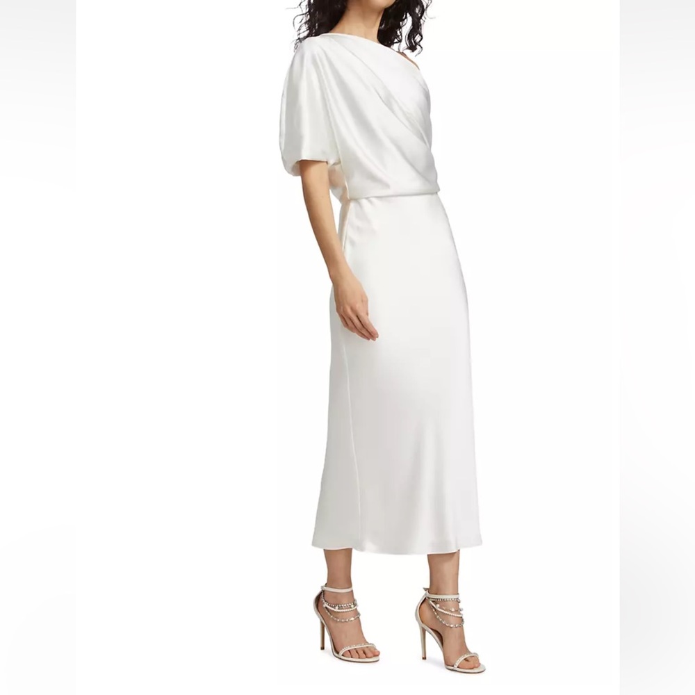 Amsale
Draped Off-The-Shoulder Midi-Dress
